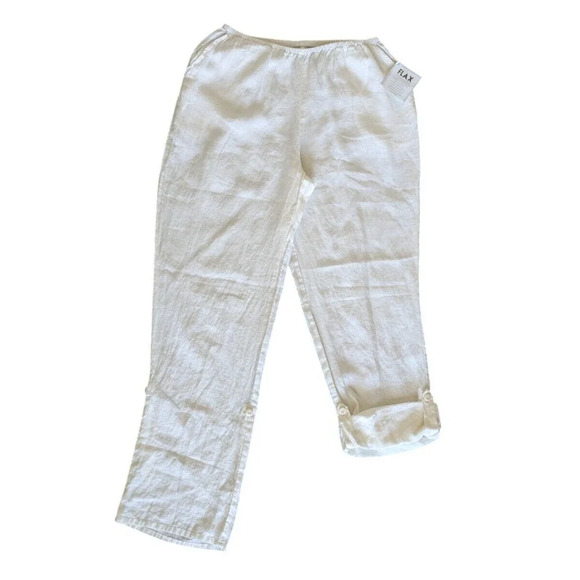 Flax White 100% Linen Wide Leg Convertible Pants Capri New Size Medium Button